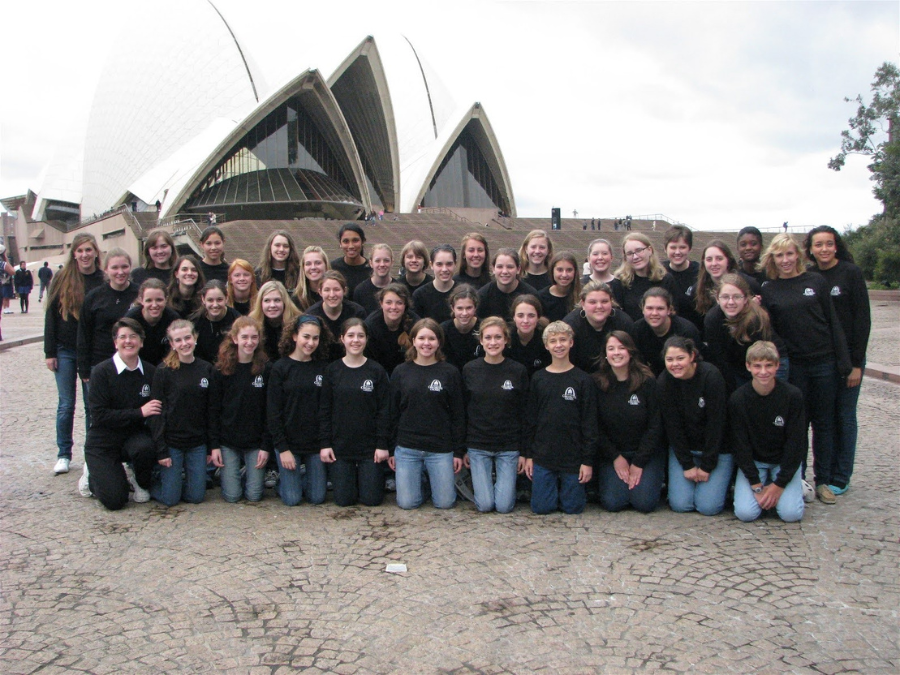 A group of teenage tourists in front of the Sydney Opera House in Australia